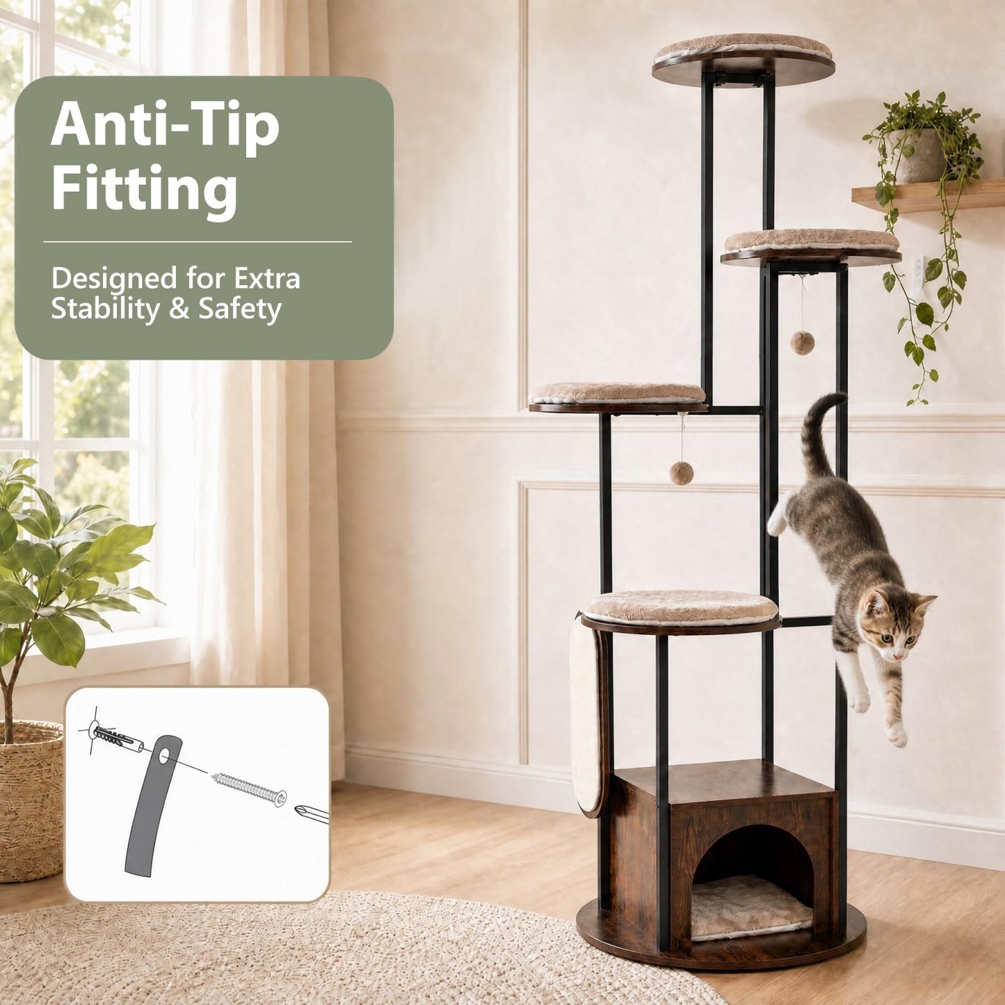 183cm Tall Multi-Level Cat Tree, Morden Cat Tower