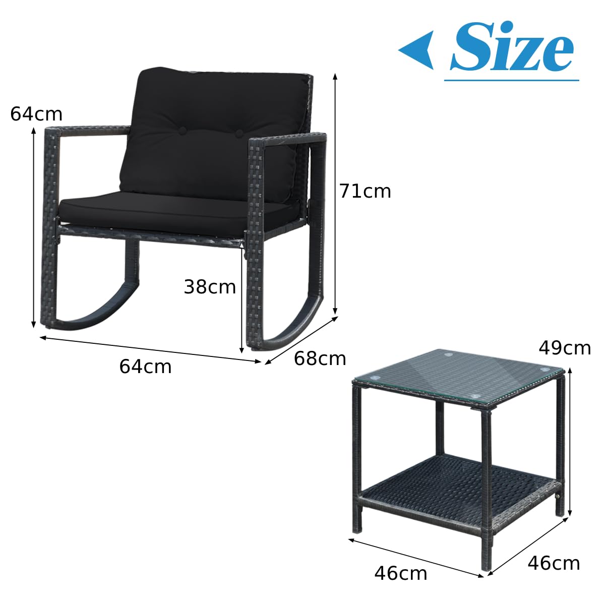 Giantex 3 PCS Garden Rocking Bistro Set PE Rattan Furniture Set with 2-tier Glass Table