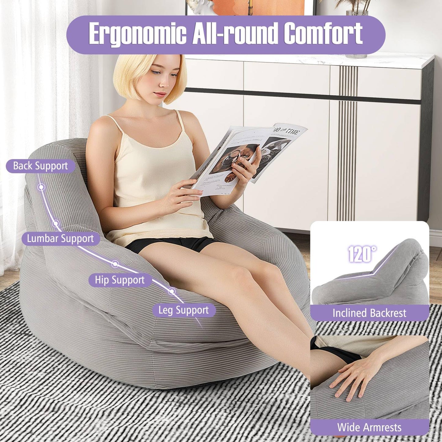 Boneless Floor Single Sofa Chair with Soft Stripe Corduroy Cover