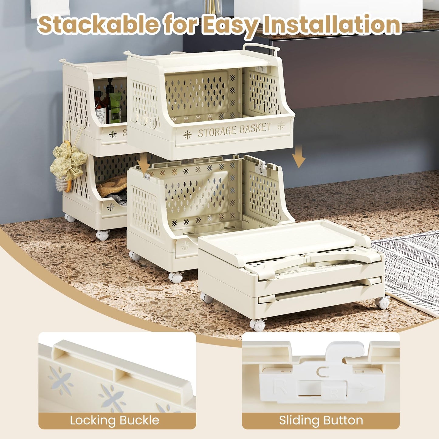 3/4/5/6 Tier Rolling Laundry Basket with Wheels and Handles for Laundry Room