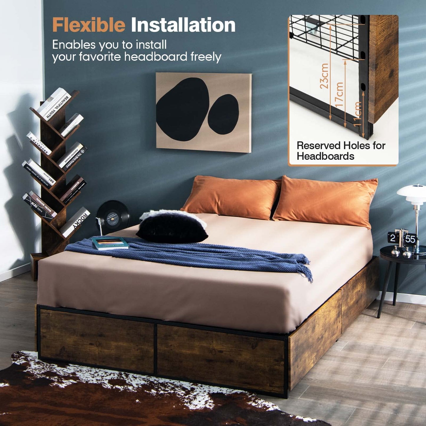 4 Feet Double Metal Bed Frame with 4 Rolling Underbed Storage Drawers