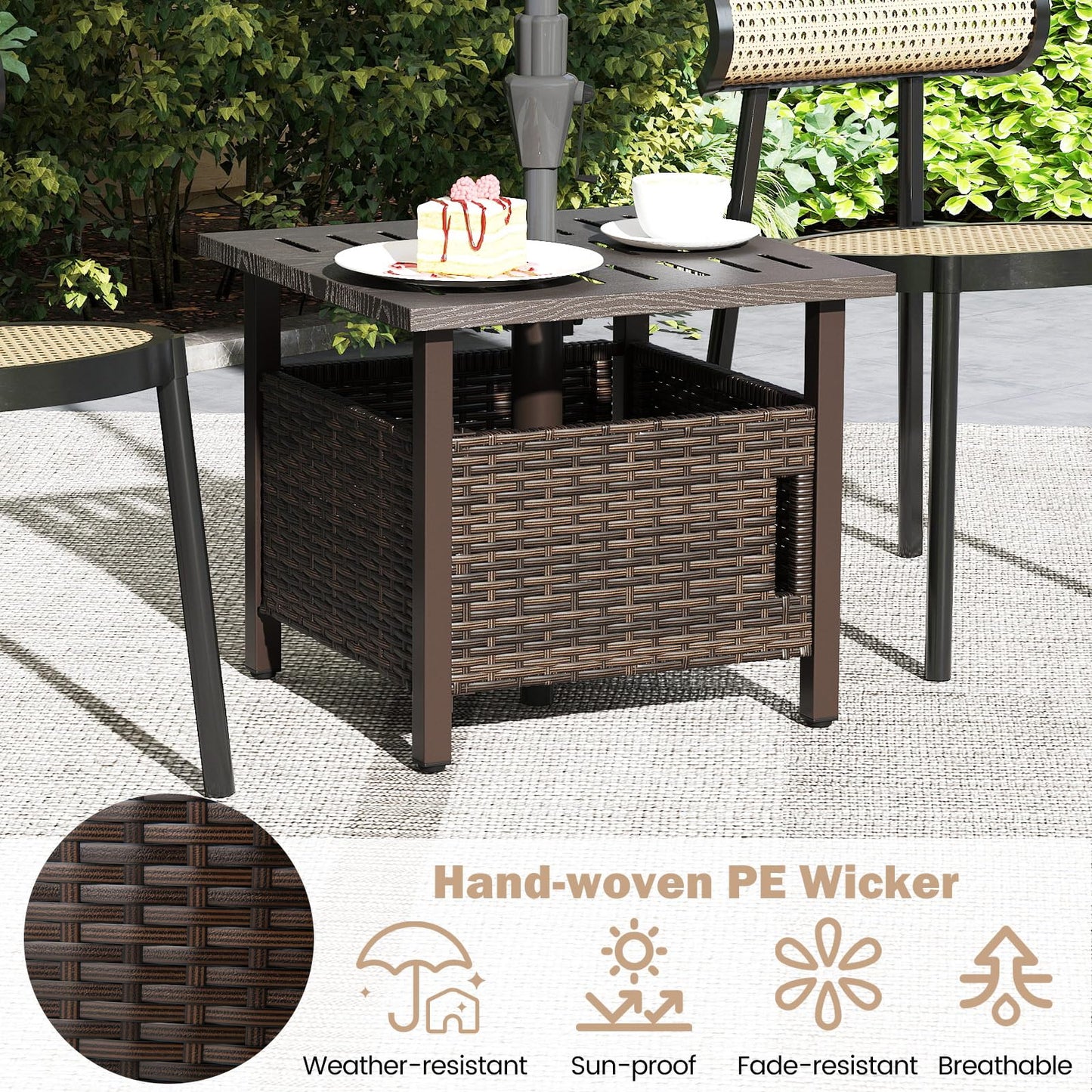 Outdoor Side Table with 2 Weighted Sand Bags and 4.9cm Umbrella Hole