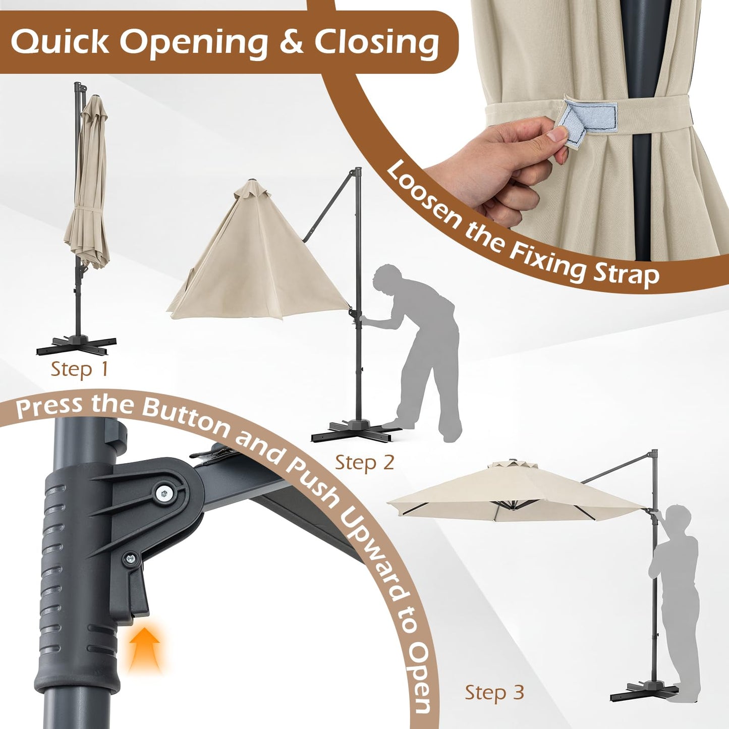 292cm Patio Cantilever Umbrella Large Offset Hanging Umbrella with 360° Rotation