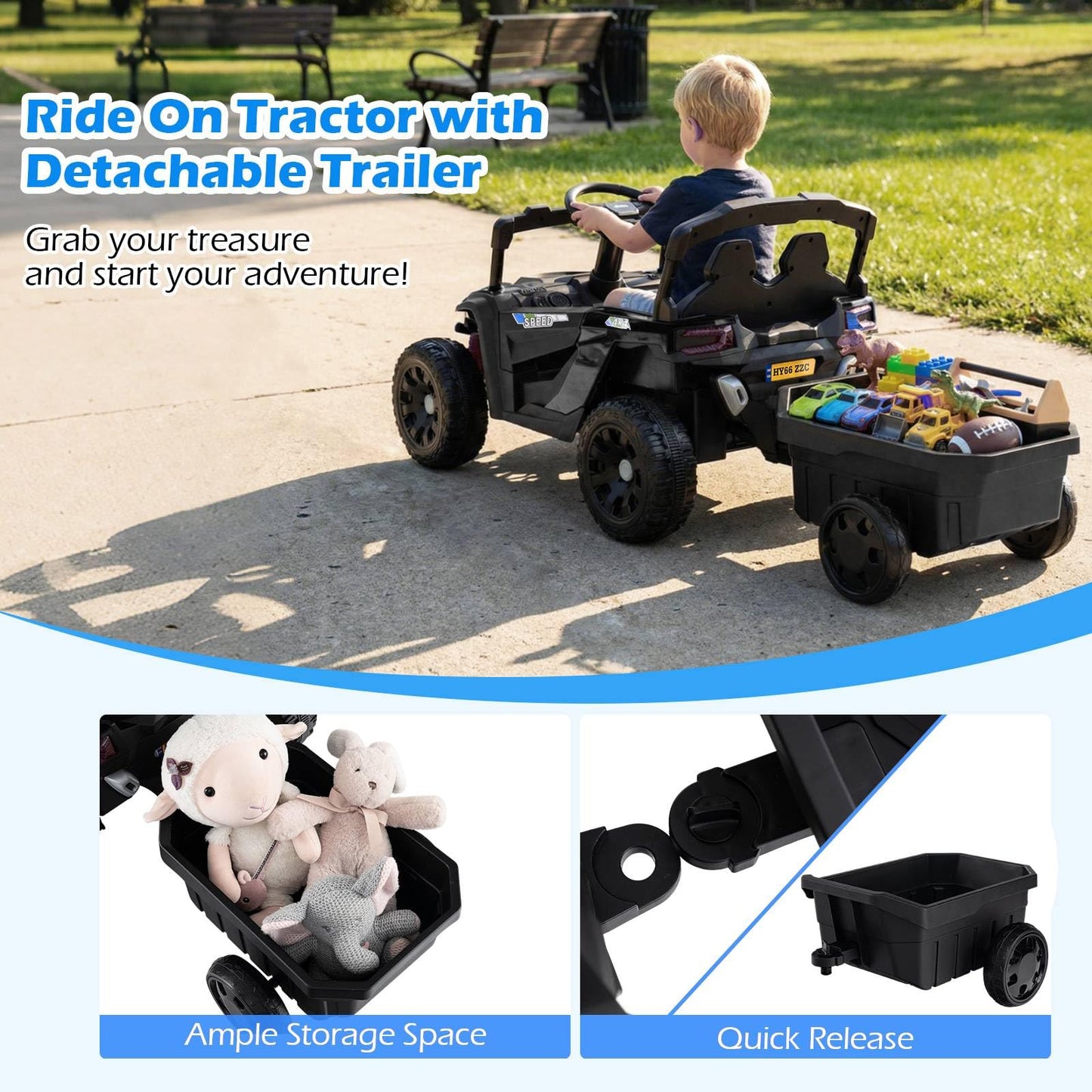 12V Battery Powered Ride On Kids Tractor with Detachable Trailer