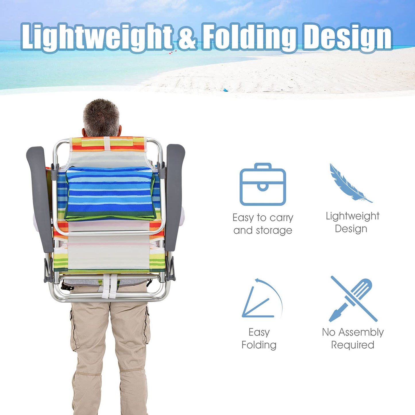 2 Pack Folding Backpack Beach Chair, 5 Adjustable Position Camping Chair