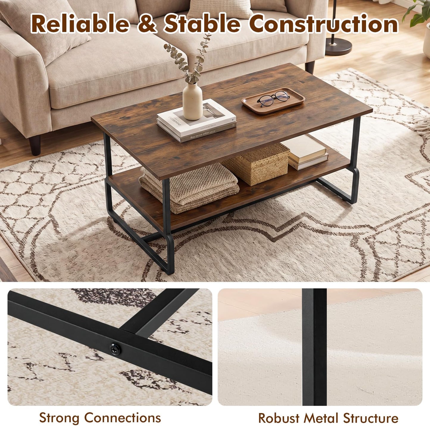 2-Tier Coffee Table, Industrial Rectangle Cocktail Center Table with Storage Shelf