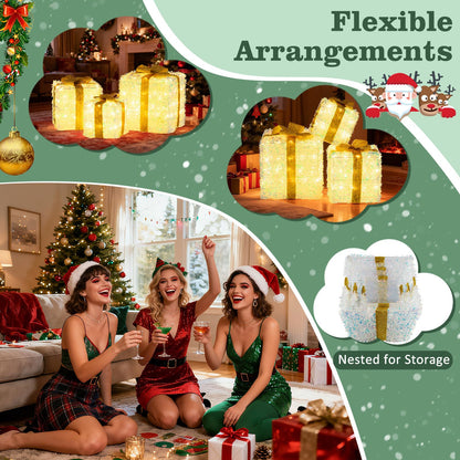 Set of 3 Christmas Lighted Gift Boxes Pre-Lit with Warm White LED Lights