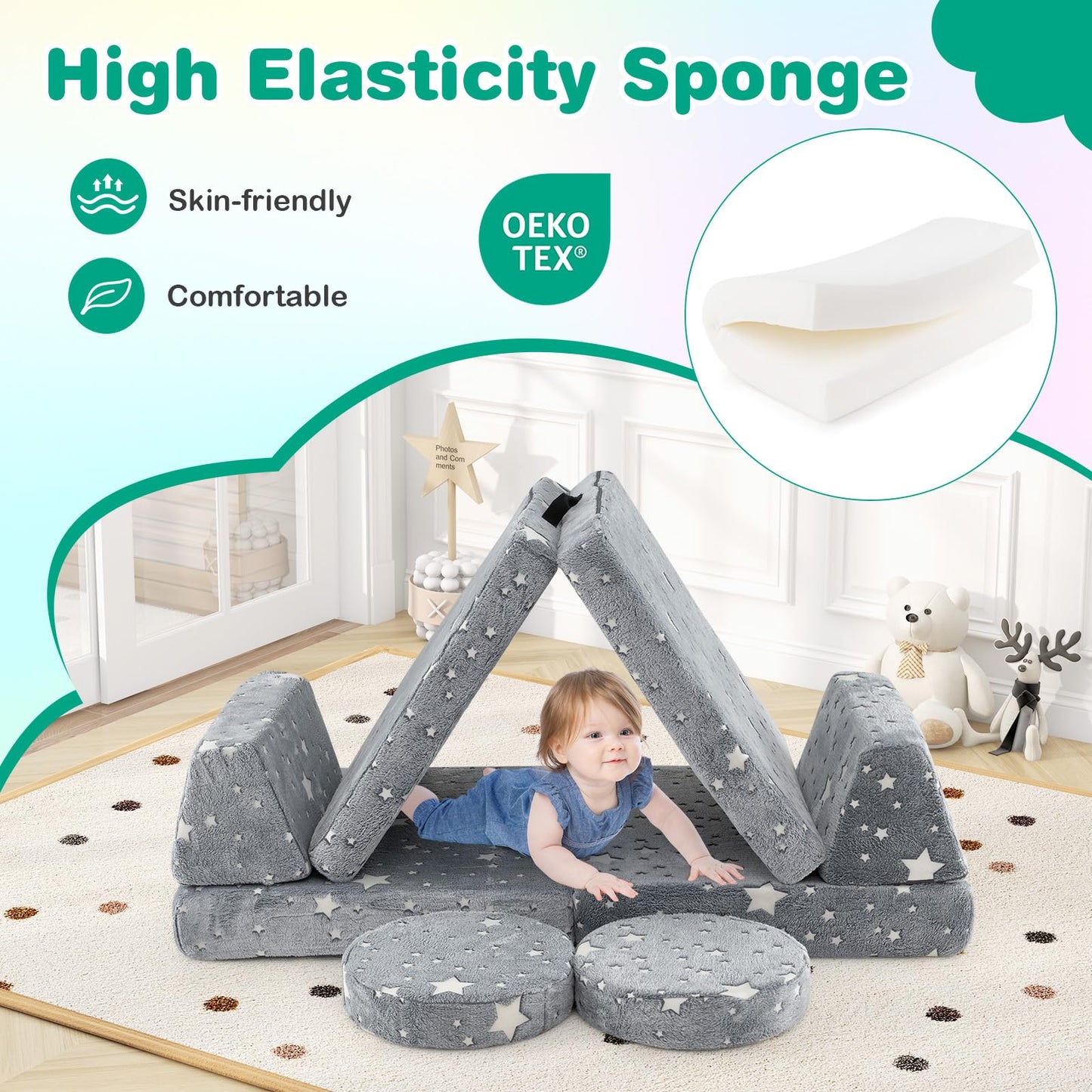 Glow in the Dark Modular Kids Play Couch Set with Machine-washable Flannel Covers and Portable Handles