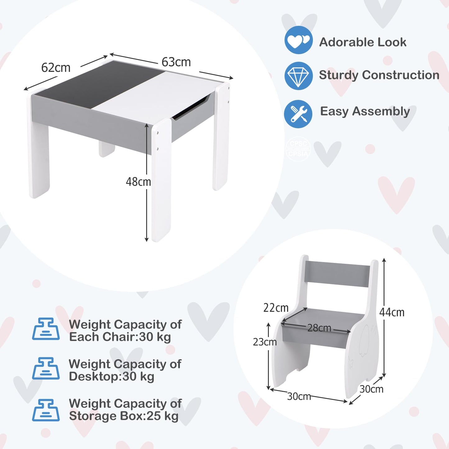 Wooden Kids Table and Chair Set with Hidden Storage