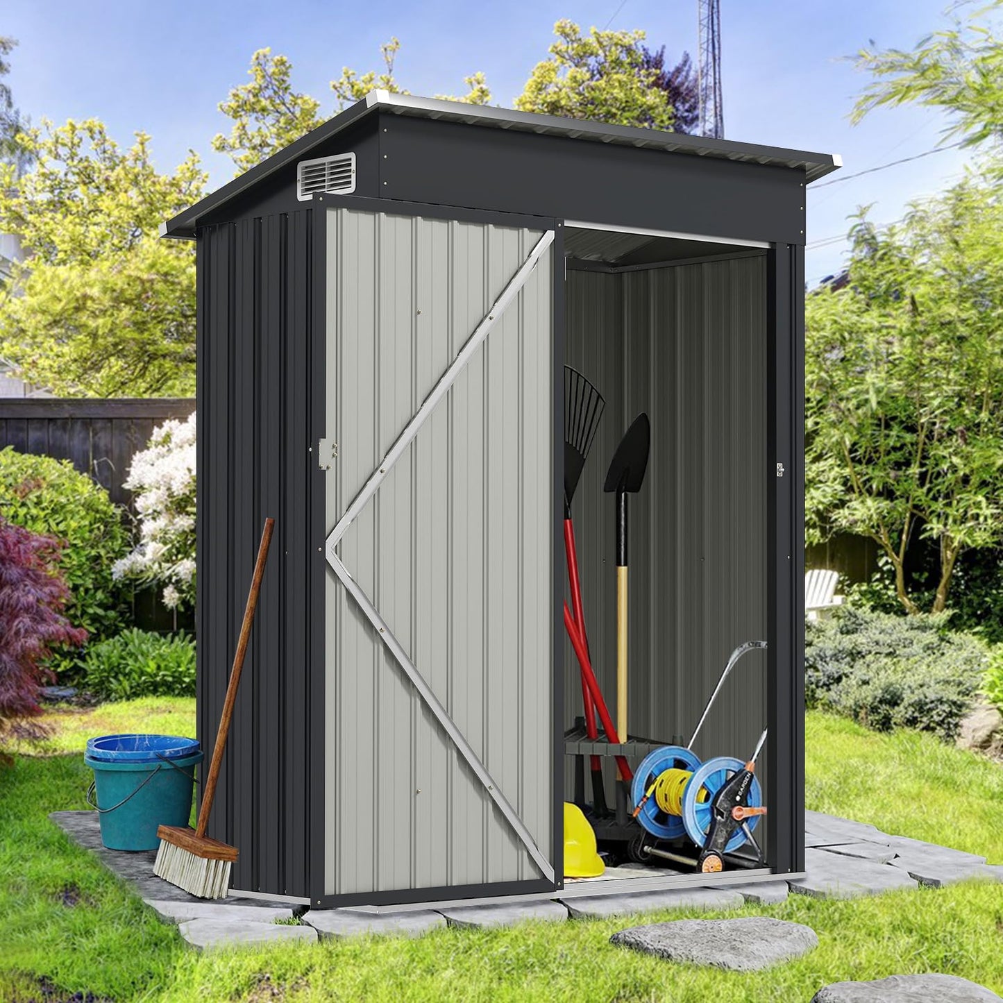 5x3FT Metal Garden Shed Galvanized Outdoor Storage Shed with 2 Air Vents