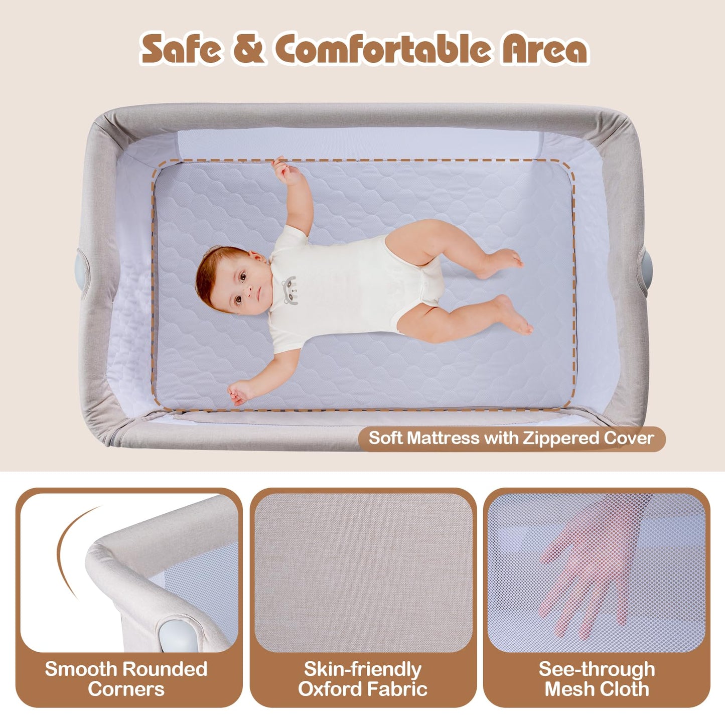 Baby Bedside Crib, 4-Level Height Adjustable Bassinet Crib (Beige) | Portable Newborn Bedside Sleeper