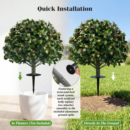 Set of 2 Faux Shrub Bushes with Ground Spikes （Red Berry）