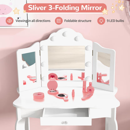 Kids Vanity Table and Stool Set with Real Glass Tri-Folding Mirror and Drawer