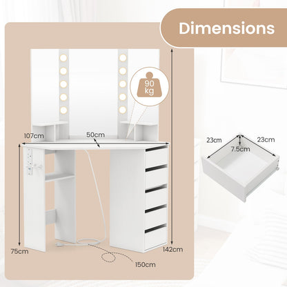 Corner Dressing Table with 3-Angle LED Lights Mirrors & Charging Station