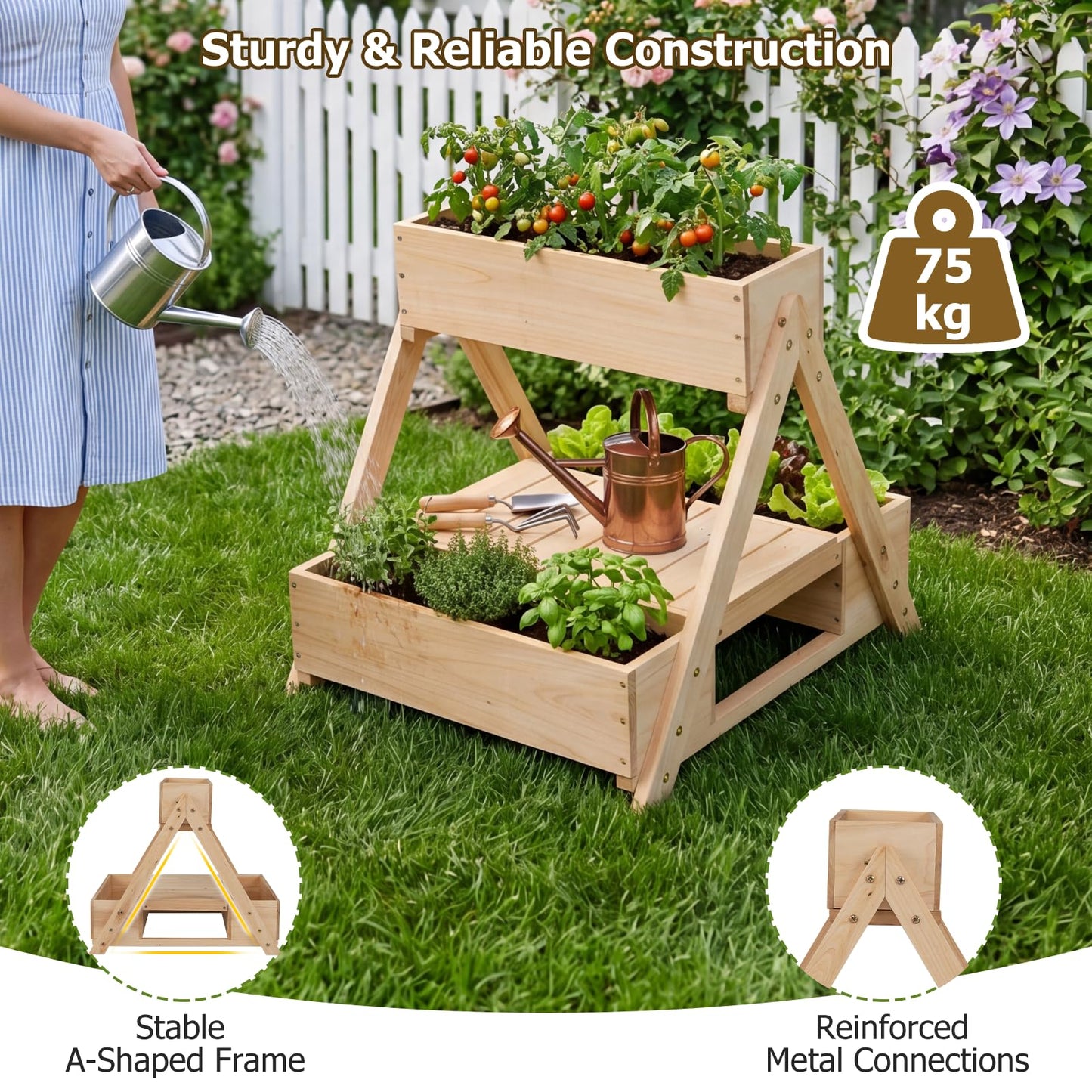 3 Fir Wooden Planter Boxes with Open Storage Shelf and 3 Drainage Holes