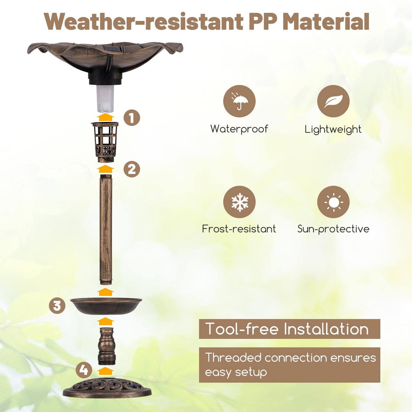 43cm Outdoor Birds Table with Solar Light & Lotus Leaf Bowl