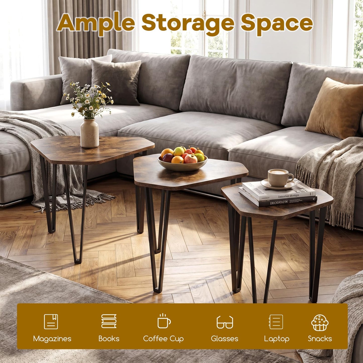 Nesting Coffee Tables Set of 3, Stacking End Sofa Side Table