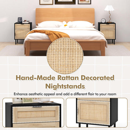 Set of 2 Rattan Nightstand with Drawer and Cabinet and Metal Legs