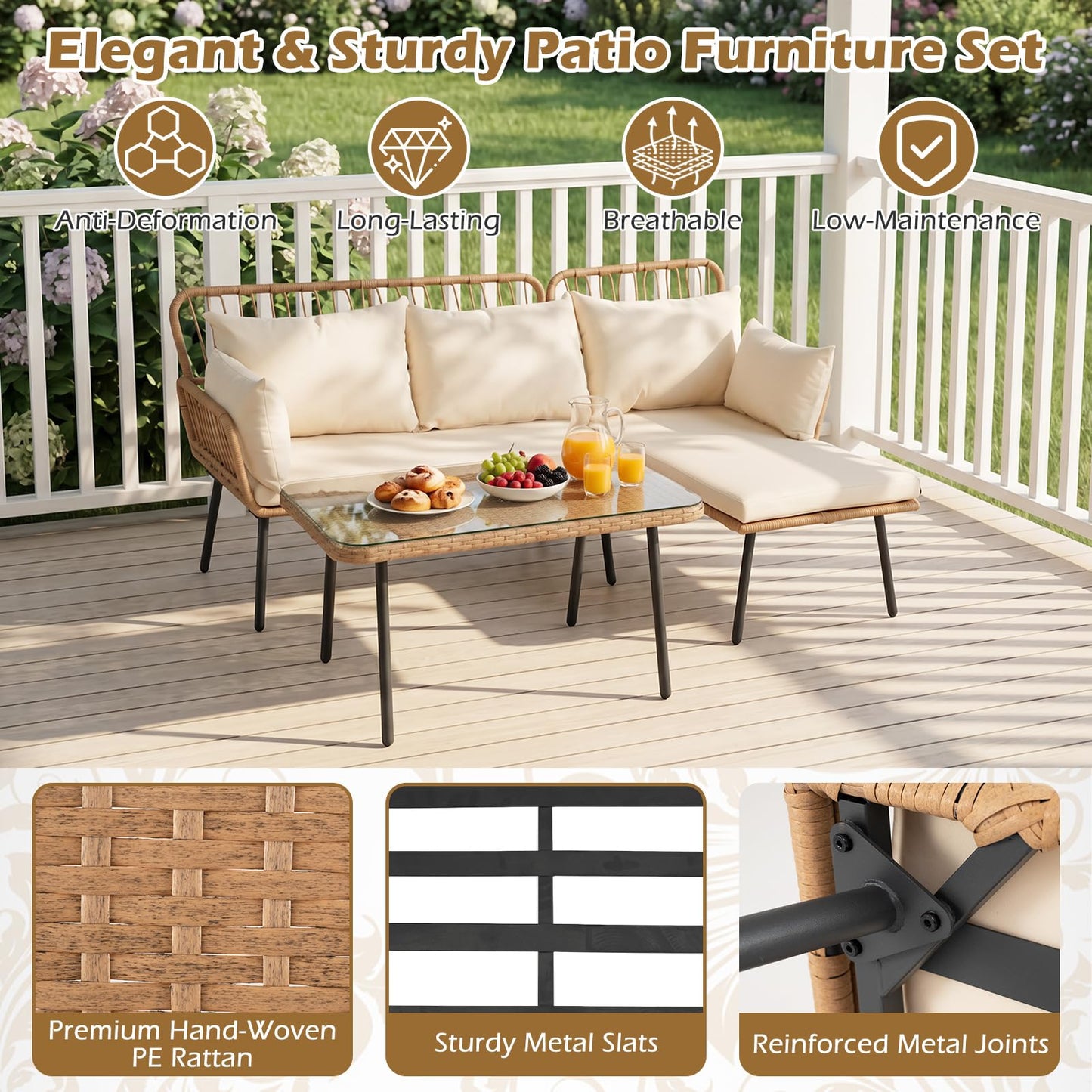 3-Piece Patio Furniture Set with Coffee Table and L-Shaped Sectional Sofa