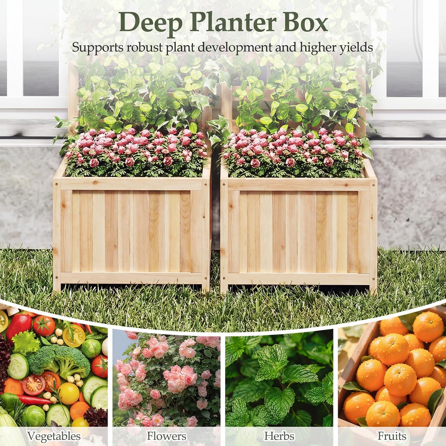 Wooden Planter with Trellis, Raised Garden Bed with Drainage Holes