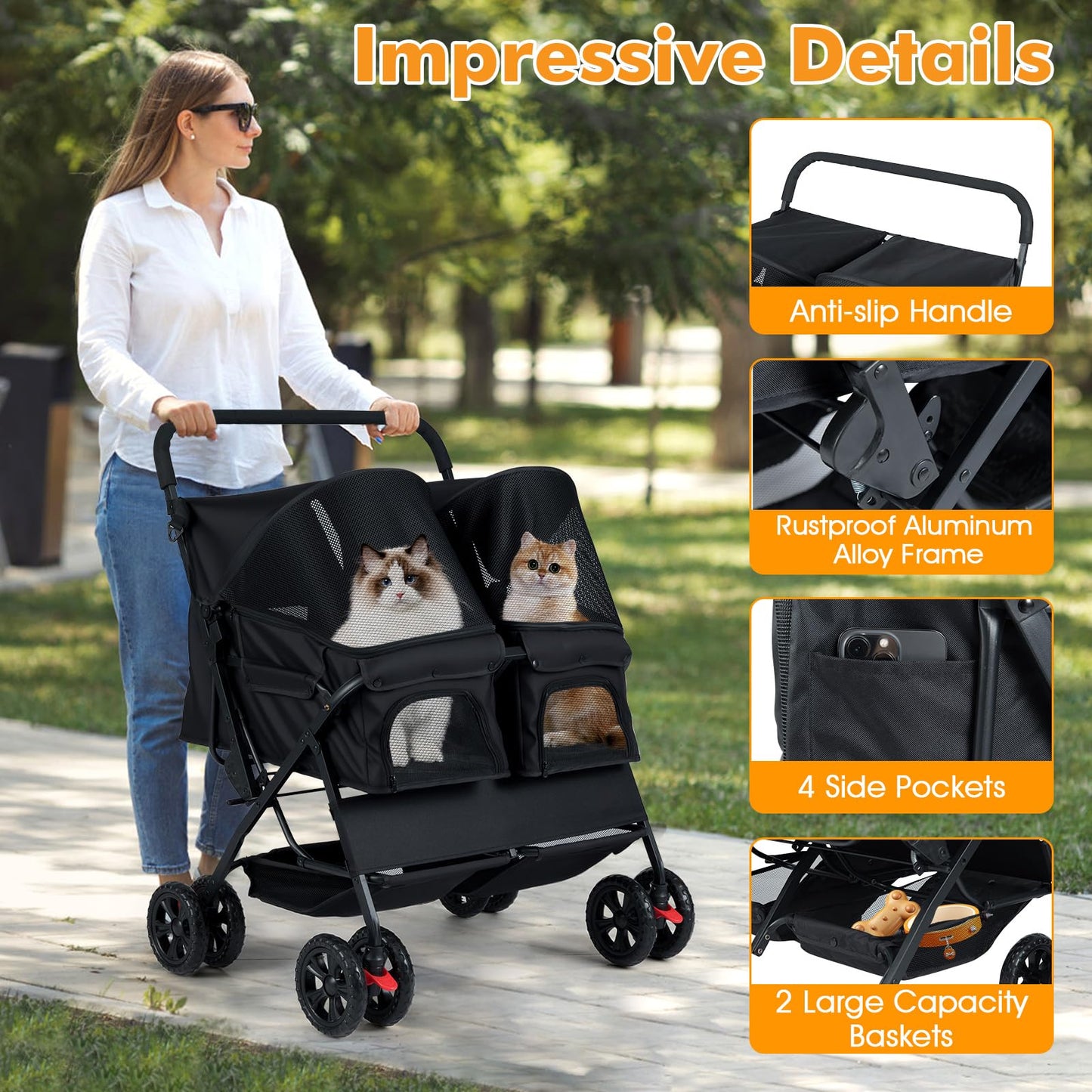 Double Pet Stroller, Foldable Dog Travel Pushchair Cat Buggy