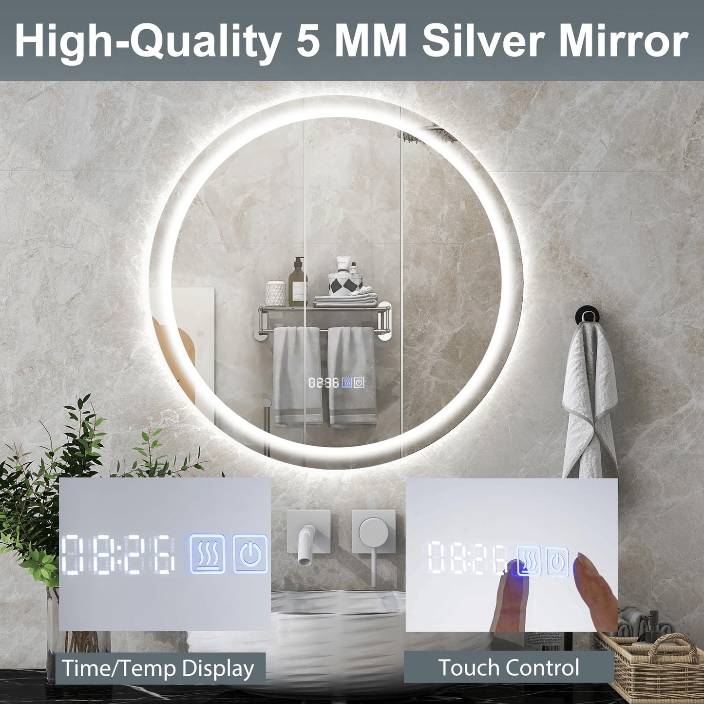 LED Bathroom Mirror with 3-Color Dimmable Lights, Time and Temp Display