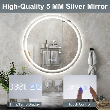 LED Bathroom Mirror with 3-Color Dimmable Lights, Time and Temp Display