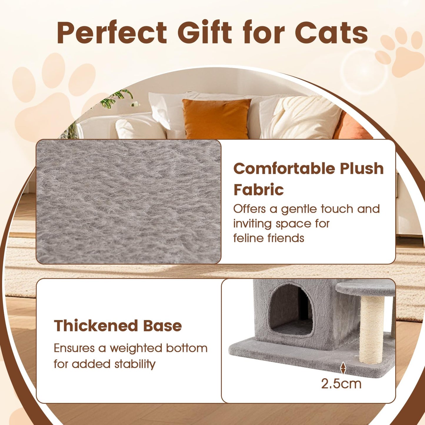 Cat Tree, 123cm Tall Multi-Layer Cats Tower with Plush Perch, 2-story Condo, 3 Hideaway Caves