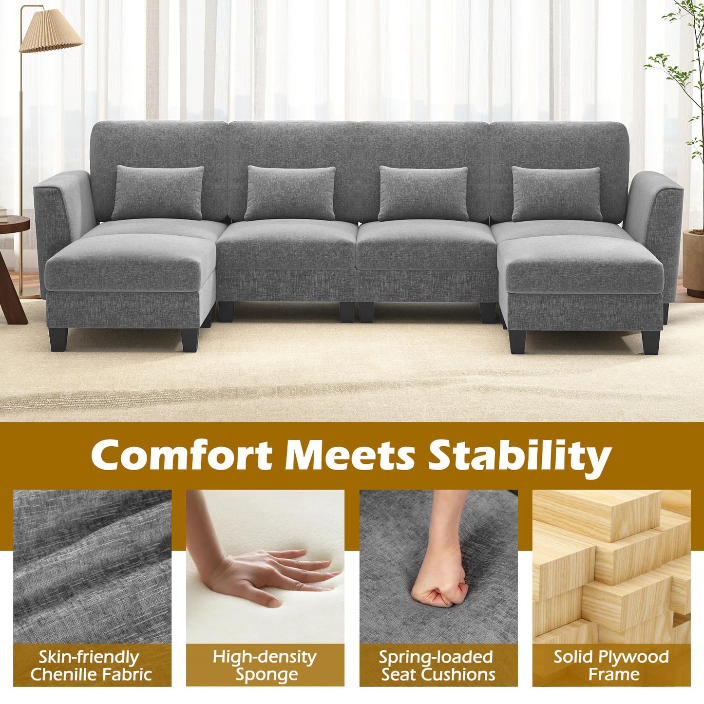 280 cm U-Shaped Sectional Sofa with 2 Ottomans & USB Charging Ports