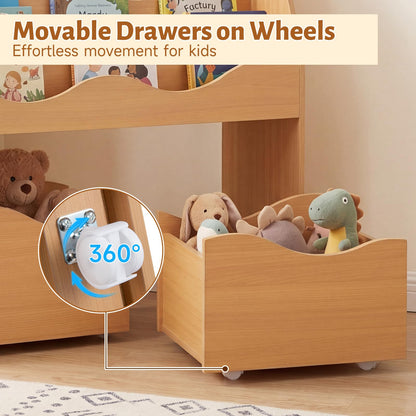Kids Bookshelf, Storage Organizer with 2 Rolling Drawers