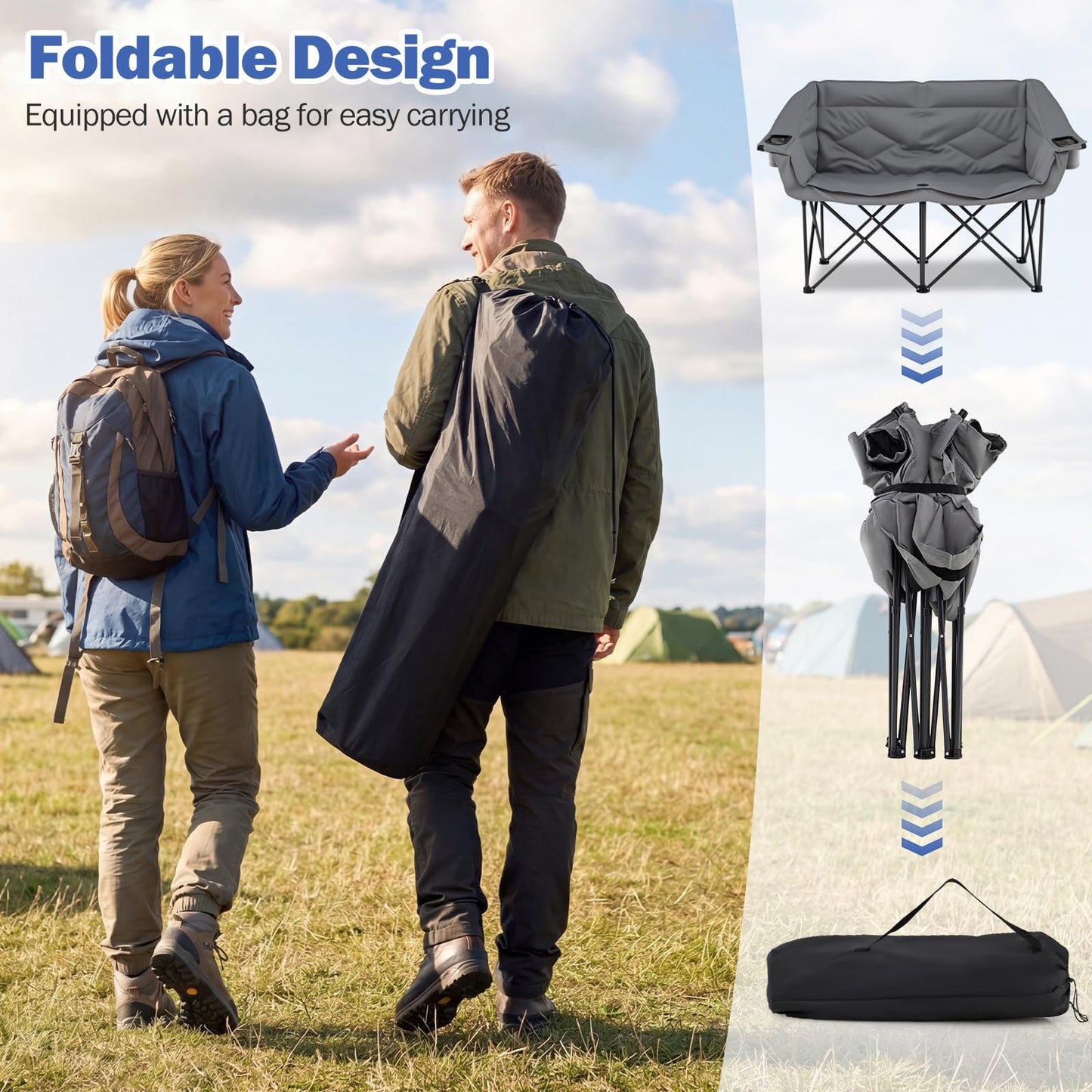 Double Camping Chair with Cup Holders and Glass Racks