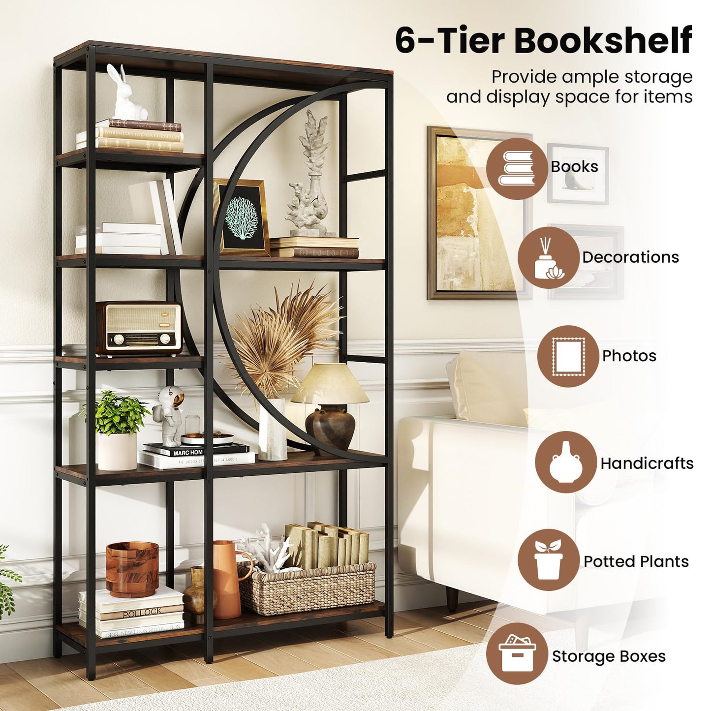 6-Tier Industrial Etagere Bookshelf with Open Storage Shelves and Arc-Shaped Design