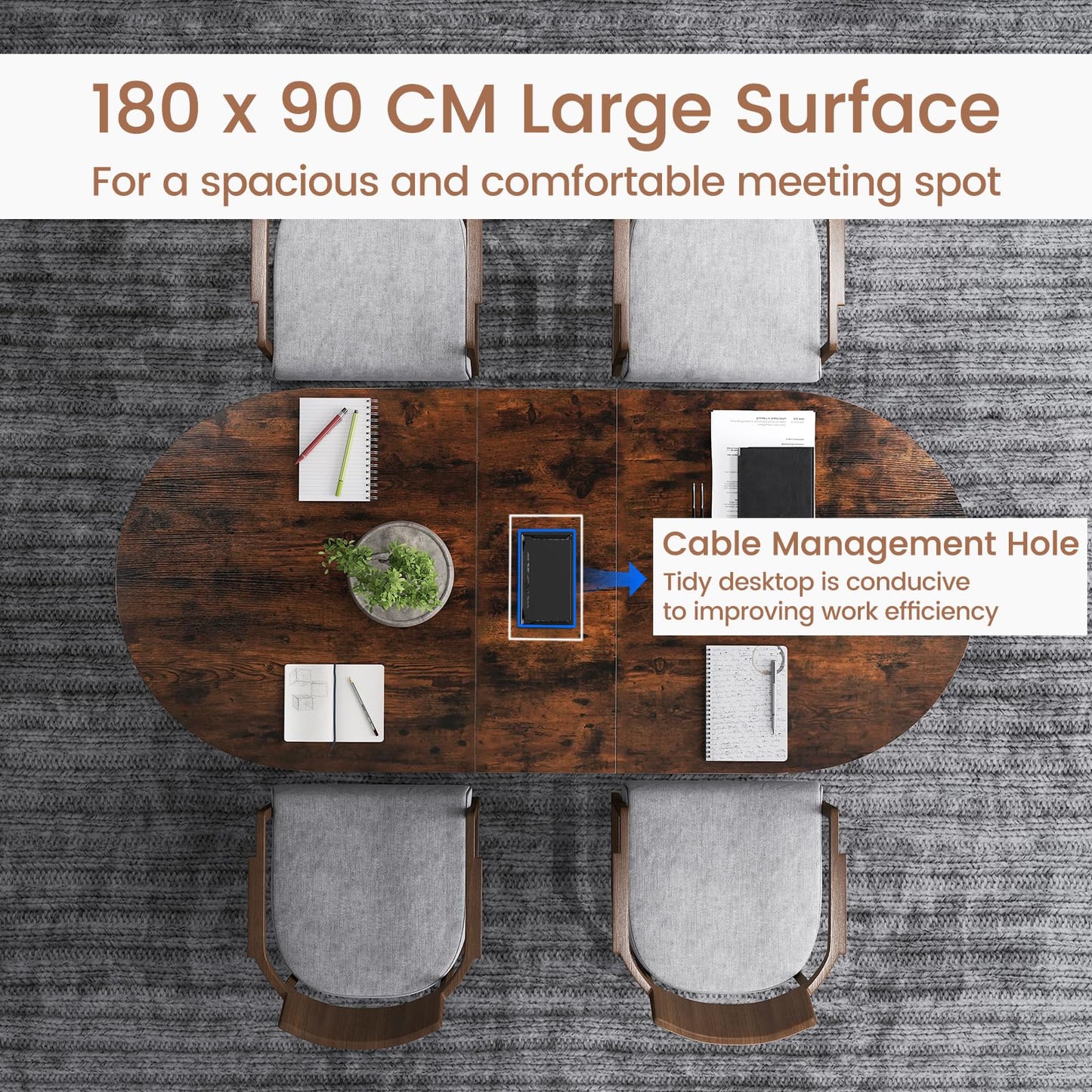 180 CM Executive Table Oval Home Office Table with Cable Management Hole