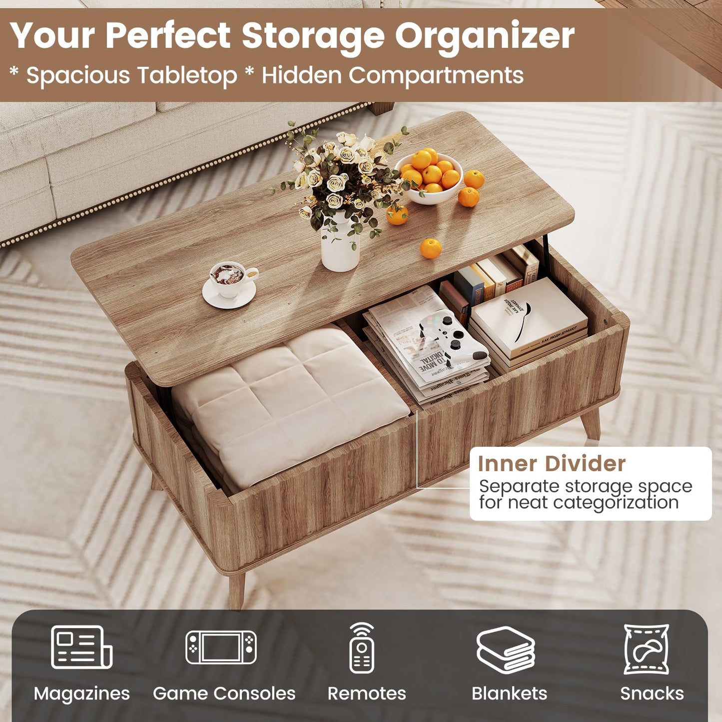 Lift Up Top Coffee Table, 110cm Rectangle Lifting Cocktail Center Table Unit