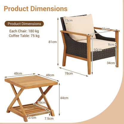 3 PCS Acacia Wood Garden Table and Chairs Patio Sofa Set with Coffee Table and Cushions