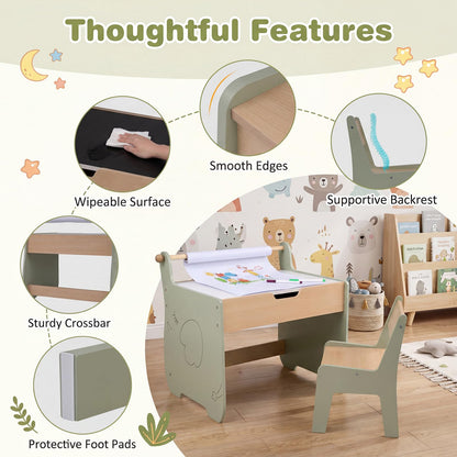 3 in 1 Kids Table and Chair Set, Toddler Art Table with Reversible Blackboard Tabletop