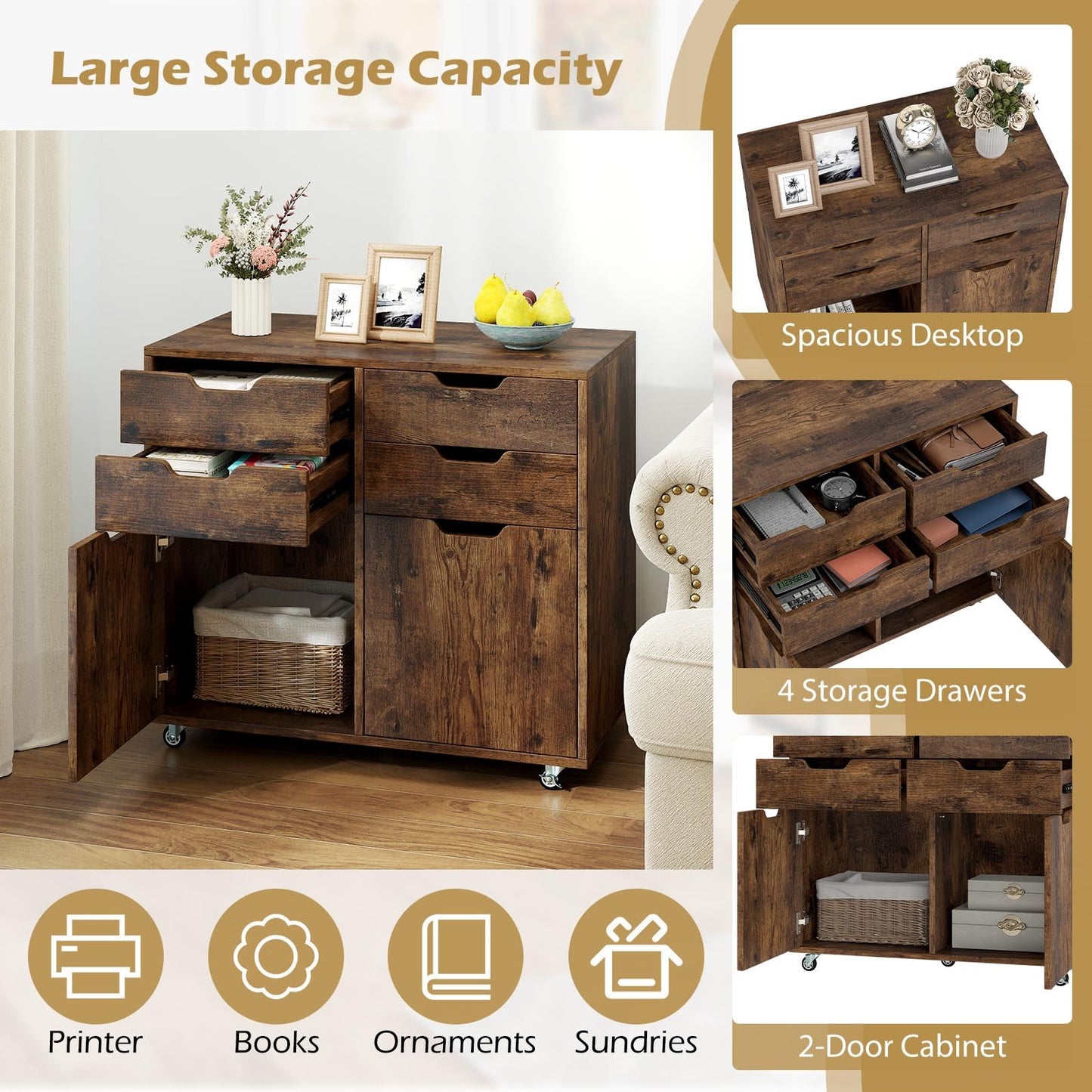 4 Drawer Dresser Chest with Doors and Universal Wheels