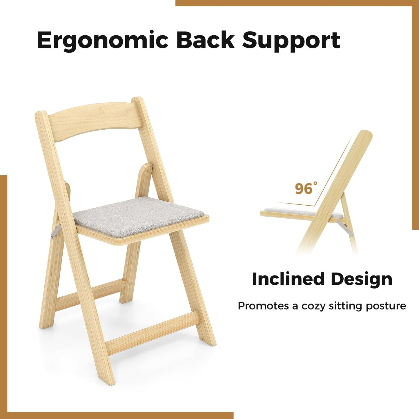 Set of 2 Foldable Kitchen Chair with Rubber Wood Legs and Padded Seat