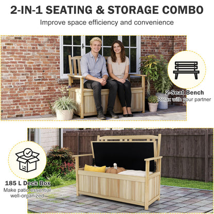 185L Patio Storage Bench Solid Wood Storage Loveseat with Backrest and Armrests