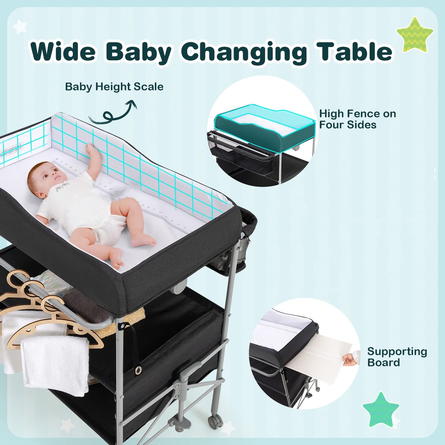 Baby Changing Table Folding Nursery Changing Station with 4 Lockable Wheels
