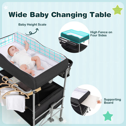 Baby Changing Table Folding Nursery Changing Station with 4 Lockable Wheels