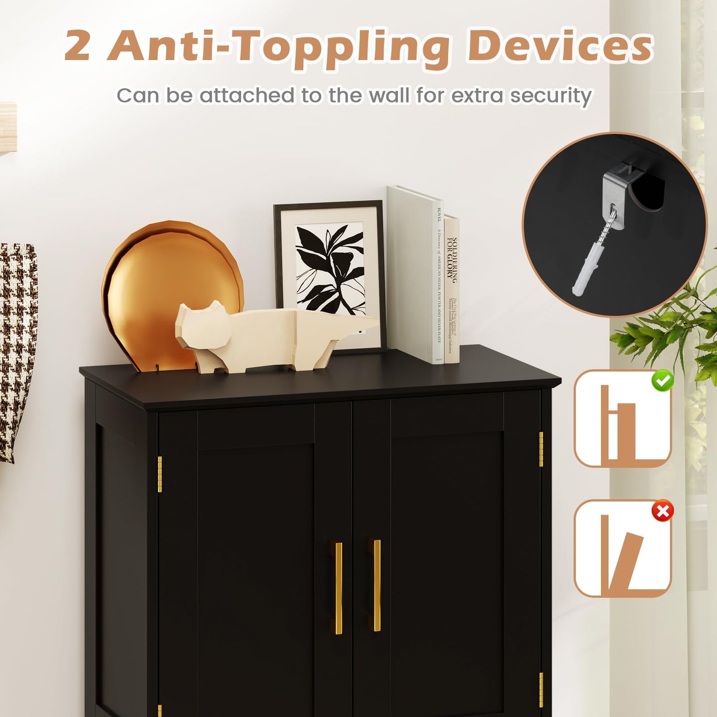 Bathroom Floor Storage Cabinet with 4 Doors and 2 Adjustable Shelves