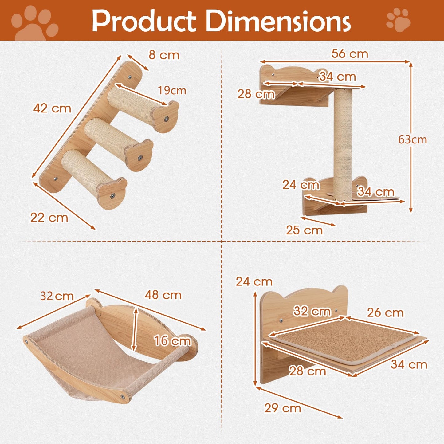 4pcs Wall Mounted Cat Tree with Hammock & Sisal Steps