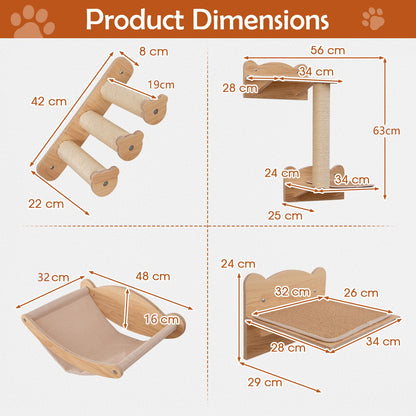 4pcs Wall Mounted Cat Tree with Hammock & Sisal Steps