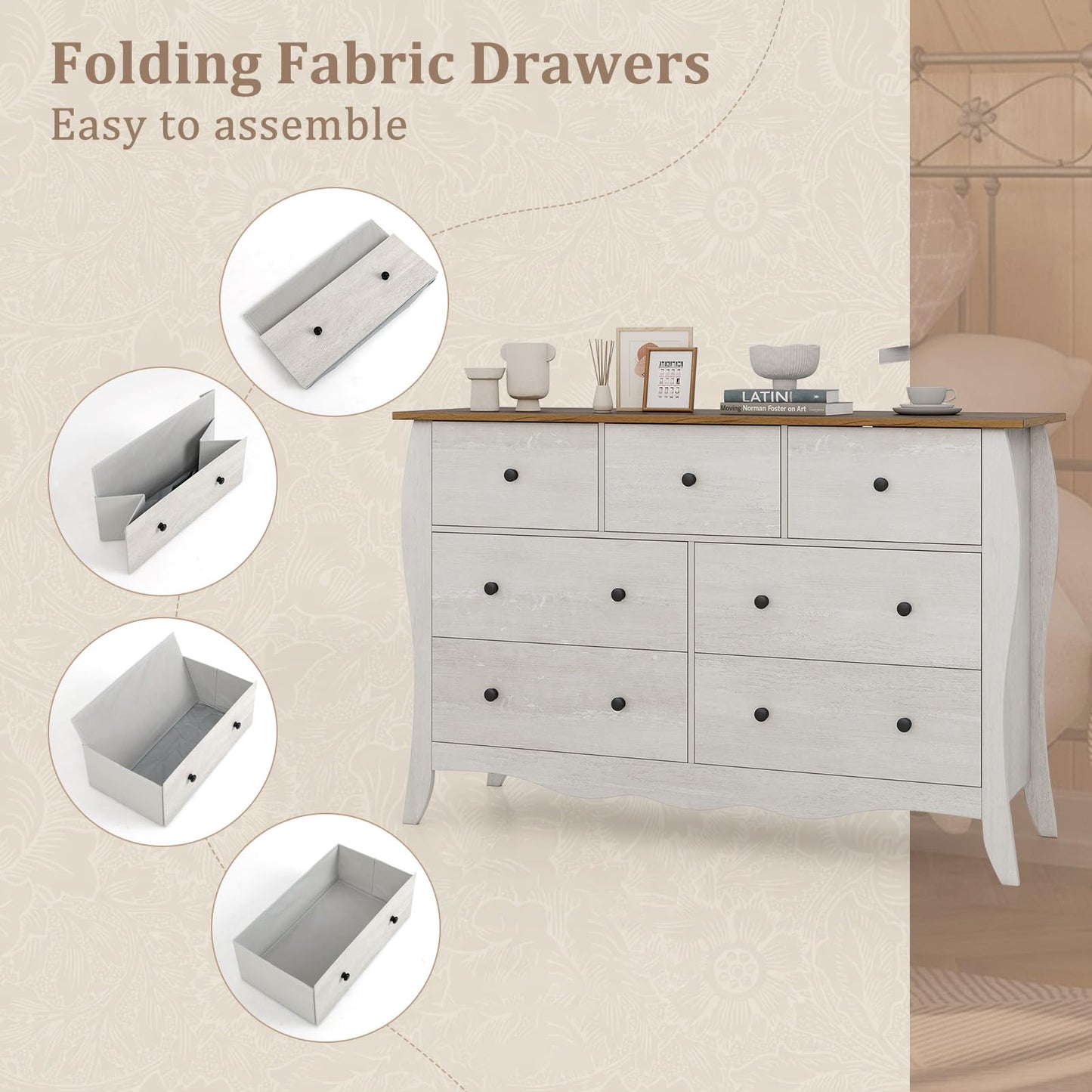 Farmhouse Dresser for Bedroom with 3 Folding Fabric Drawers