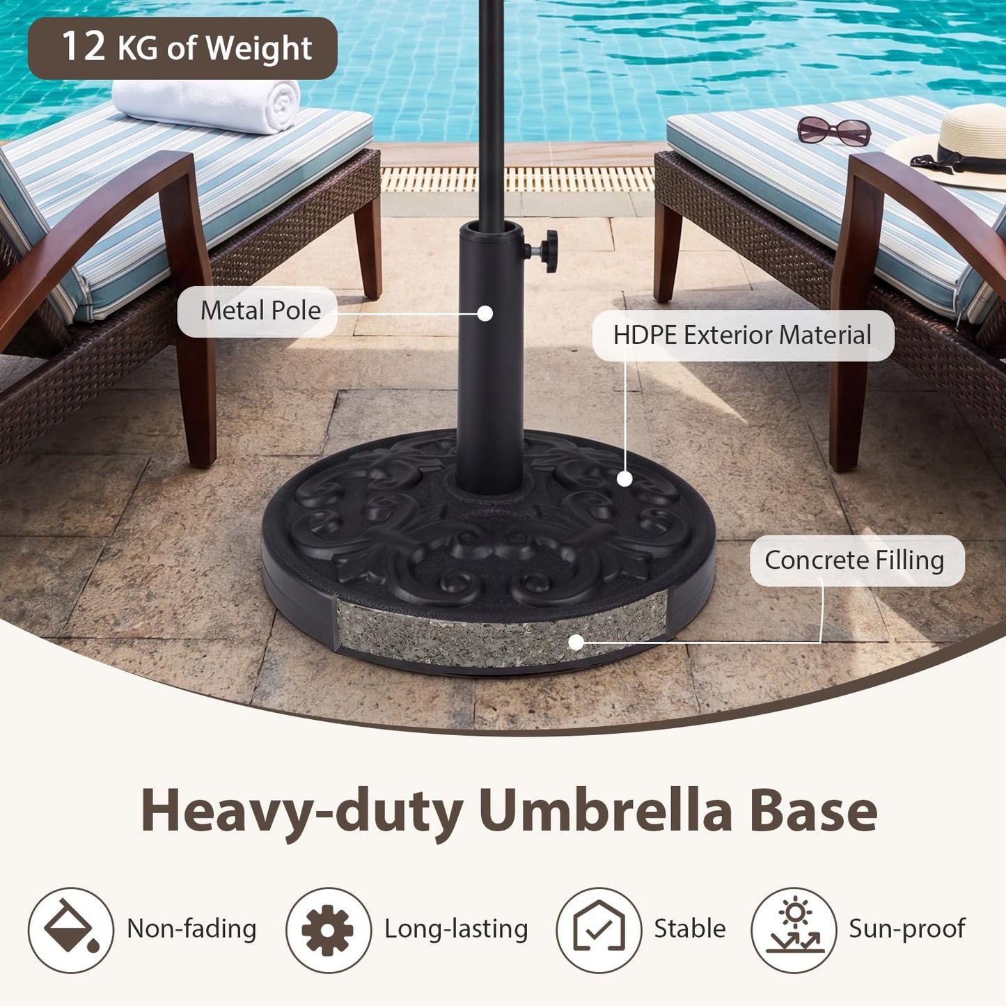 Round Parasol Base, 38mm Heavy Duty Umbrella Stand
