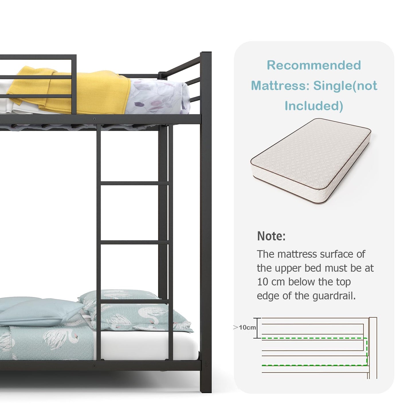 Metal Bunk Bed, Single over Single Loft Bed Frame with Ladder and Safety Guardrail