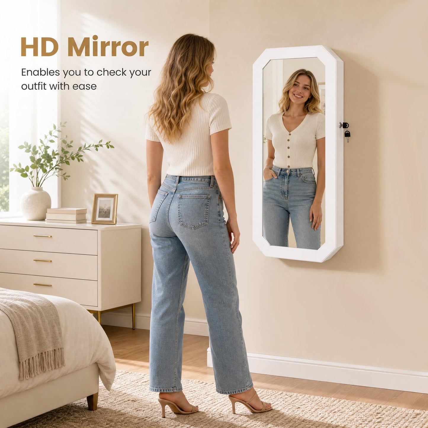 Lockable Full-Length Mirror Jewelry Cabinet with Storage Shelves for Bedroom
