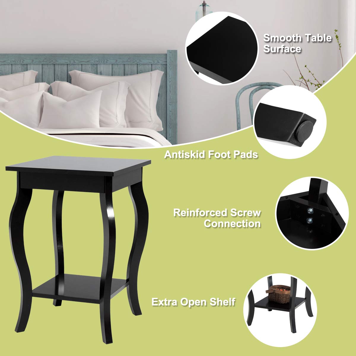Accent End Table with Elegant Curved Legs and 2-Tier Open Storage Shelves