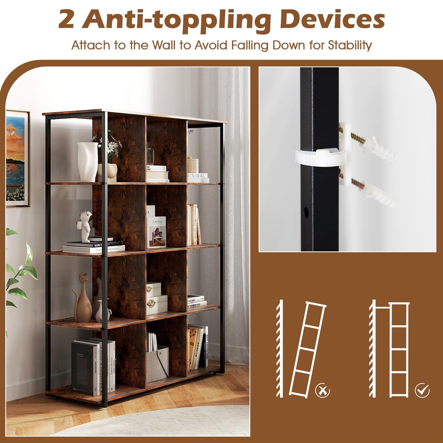 Tall Freestanding Bookshelf with 2 Anti tipping Kits
